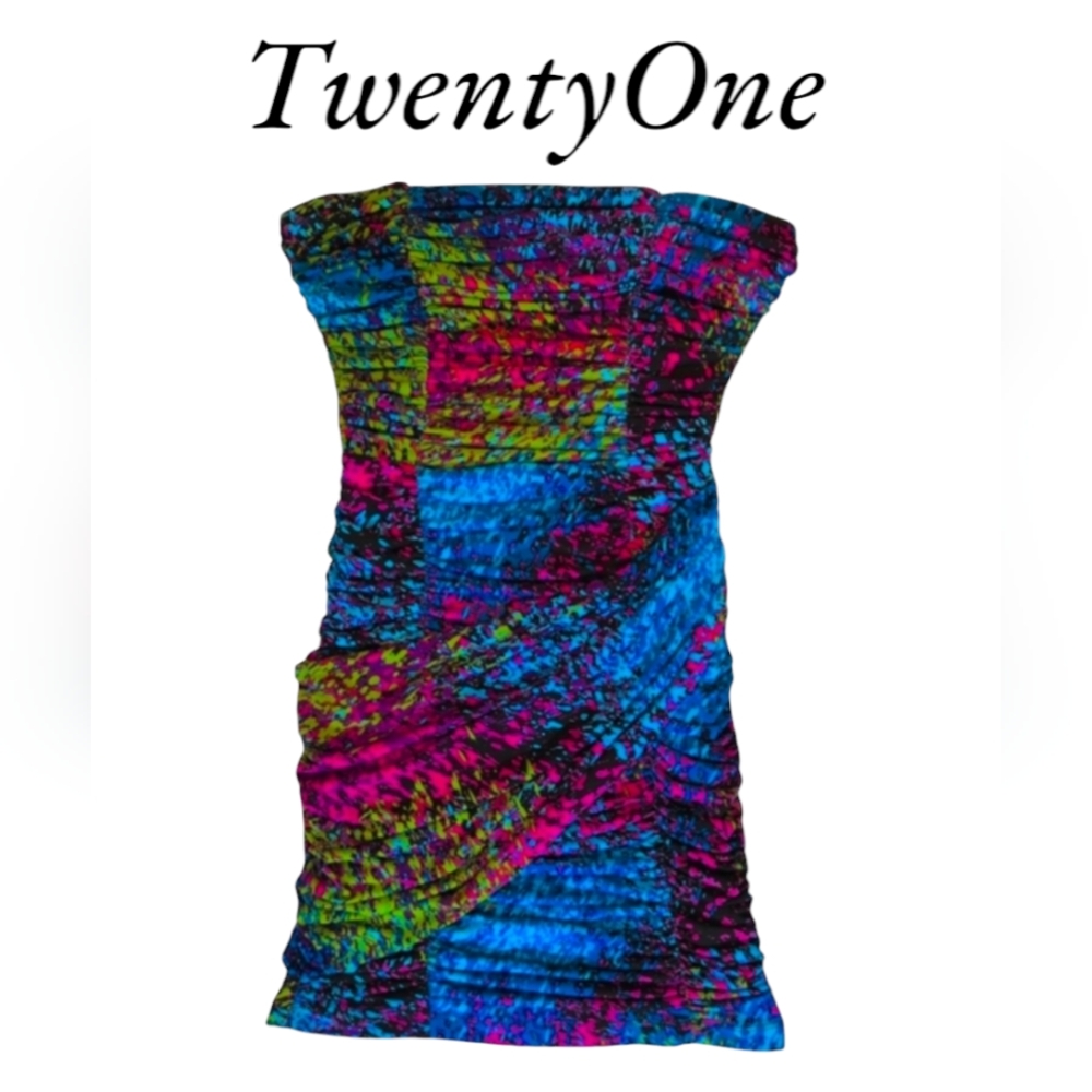 TWENTYONE Strapless Mini dress bodycon zip-up multi color stretchy Small/Petite